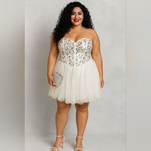 Deb Strapless White and Gold Dress. Size 22. Chiffon Flare Skirt